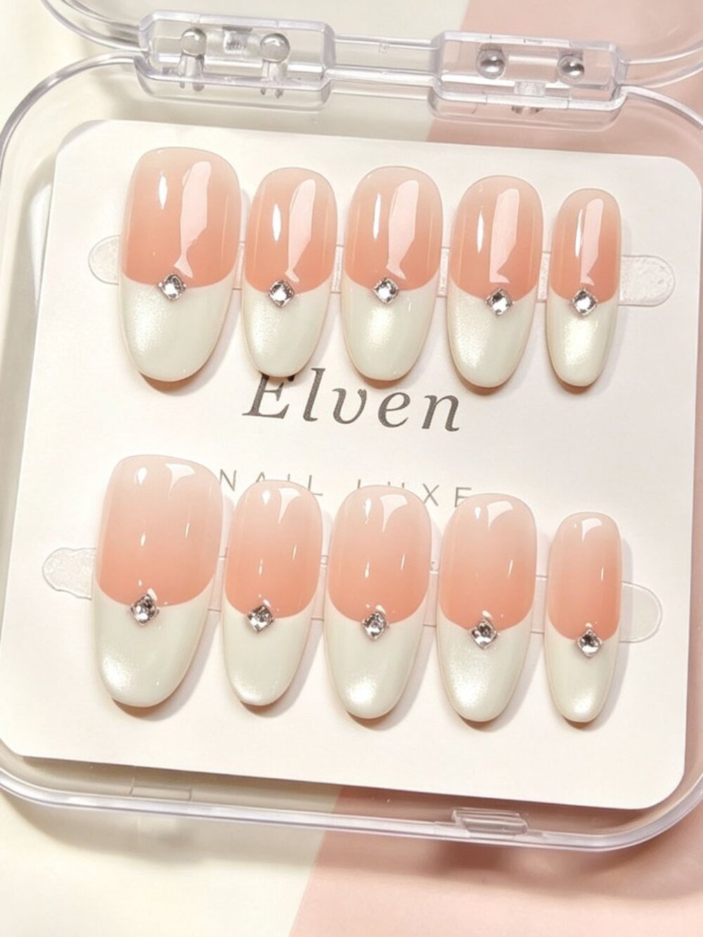 Elegant French Medium Round Press On Nails | Peach Nude Pearlescent White Tip